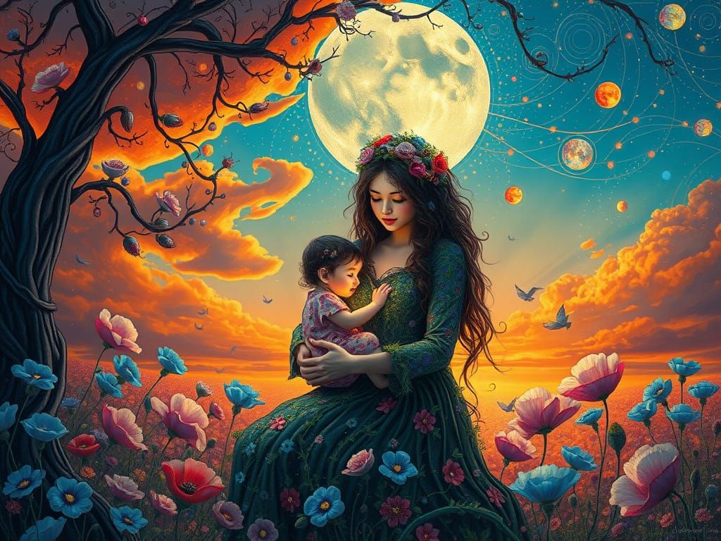 Ethereal Mother and Child in Kaleidoscopic Sunset
