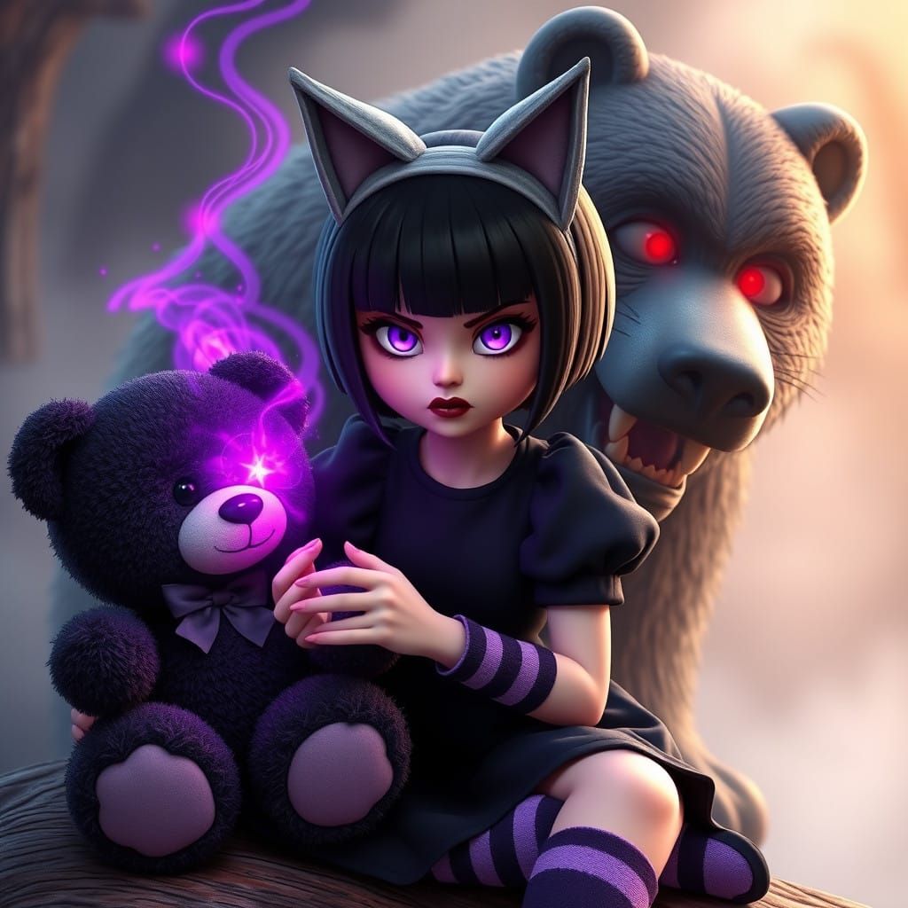 Ethereal Fantasy Woman Fights Fierce Bear with Magic