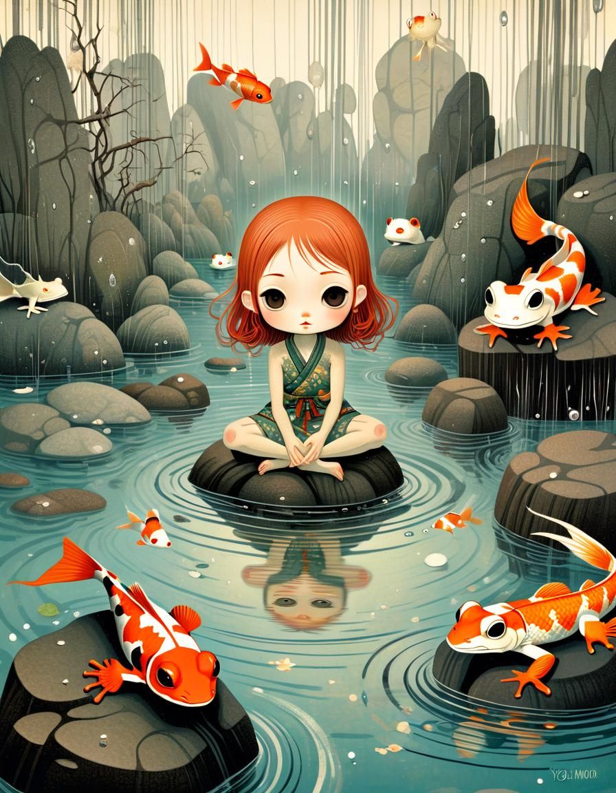 Creepy Cute Koi Frogs in Rainy Landscape