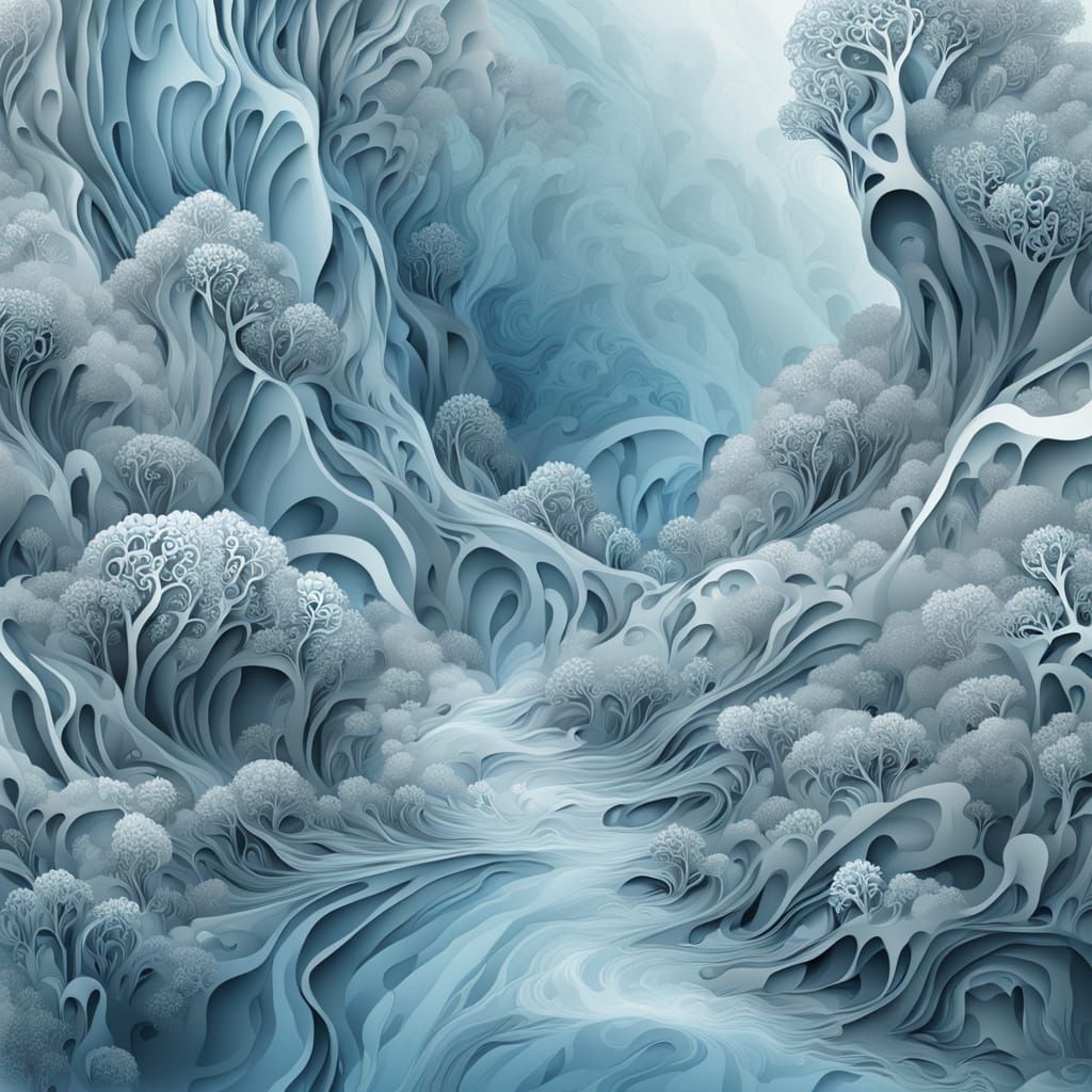 Abstract Spring Flowing Through Geometric Rocks