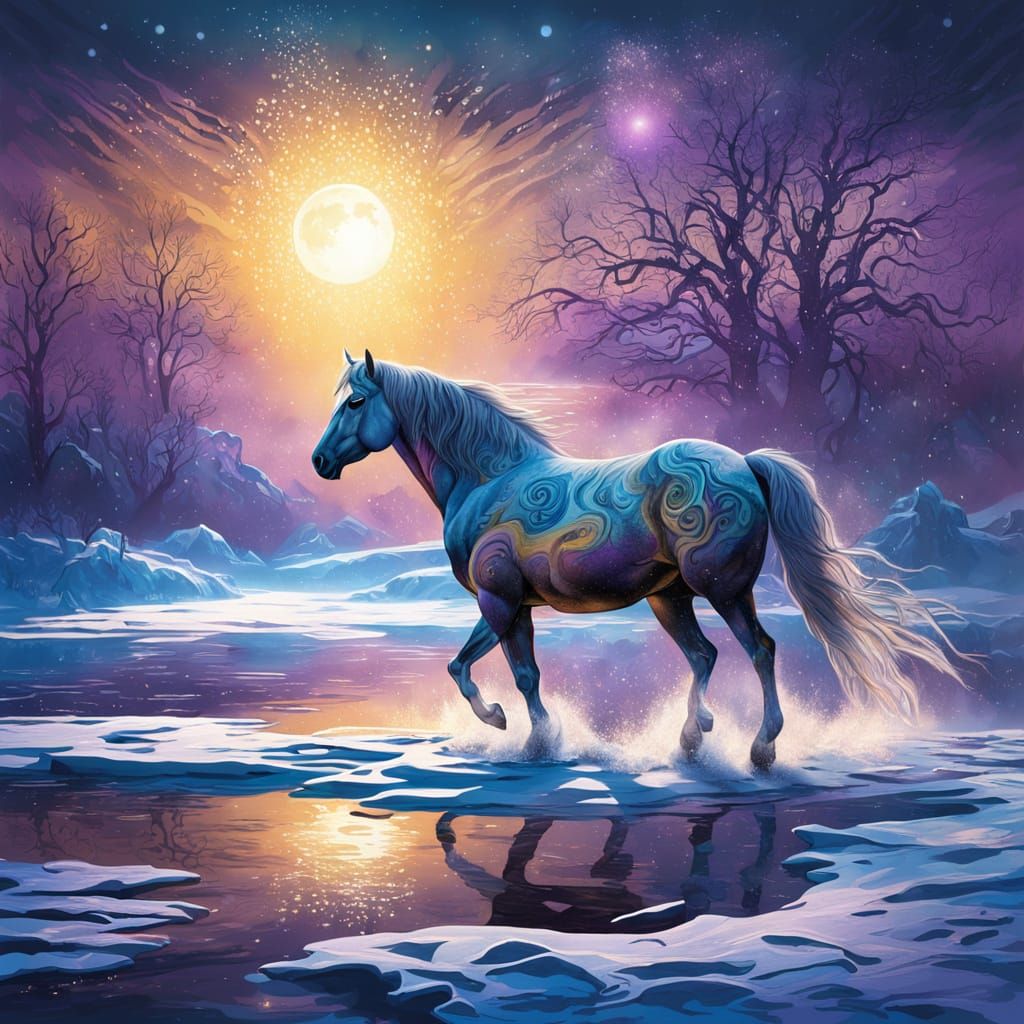 Horse by Moonlit Lake in Winter, Splash Art