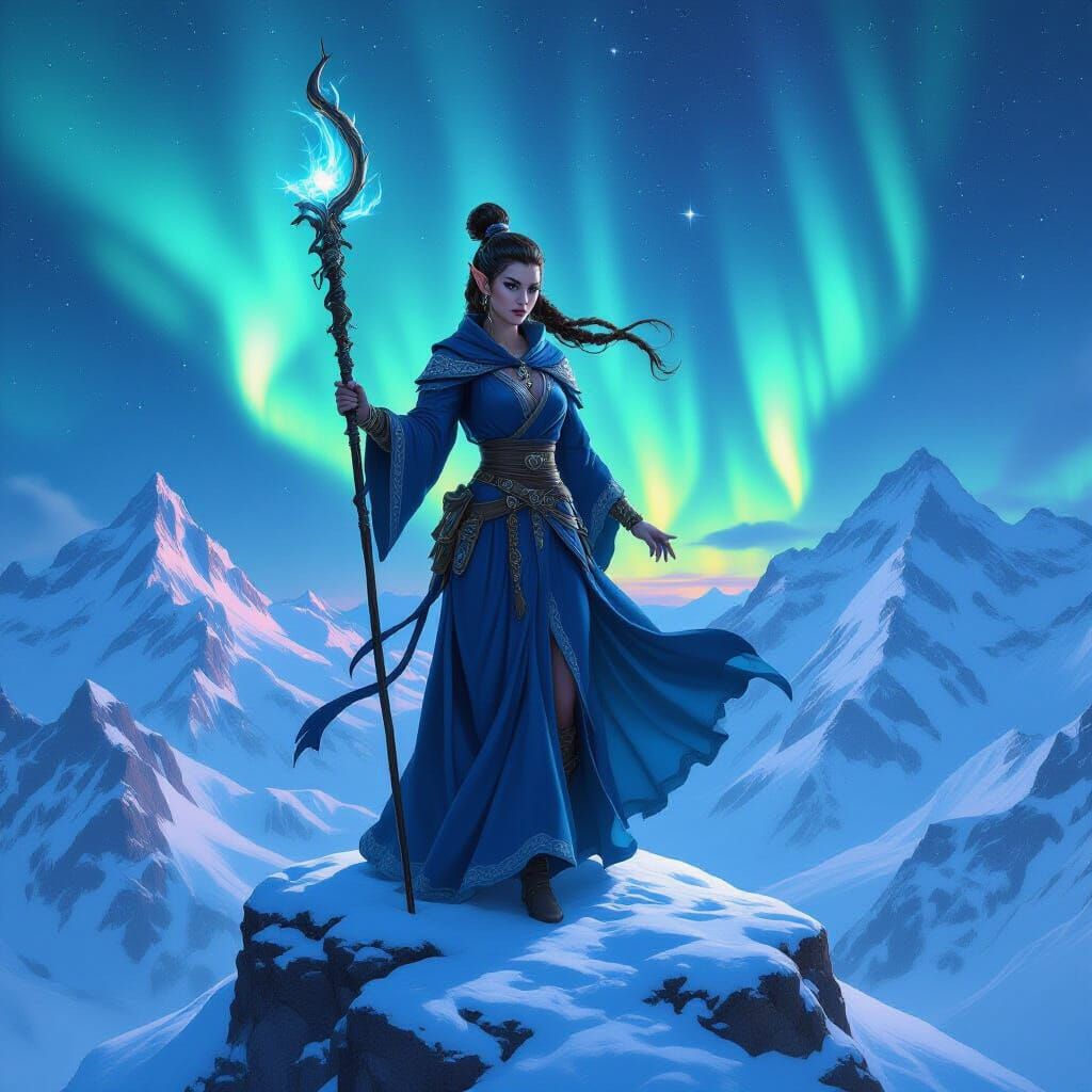 Elven Warrior on Snowy Peak in Oil Painting Style