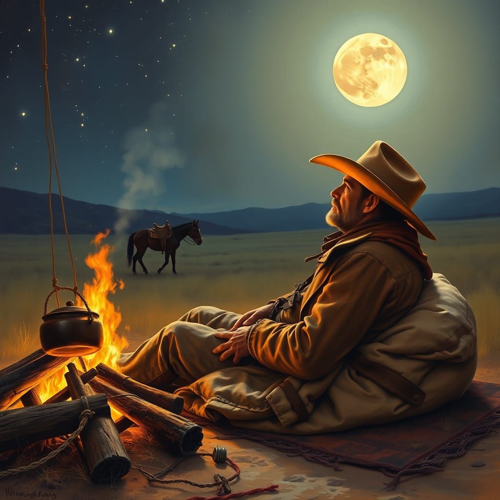 Cowboy Camping Under Stars in Classic Western Art Style