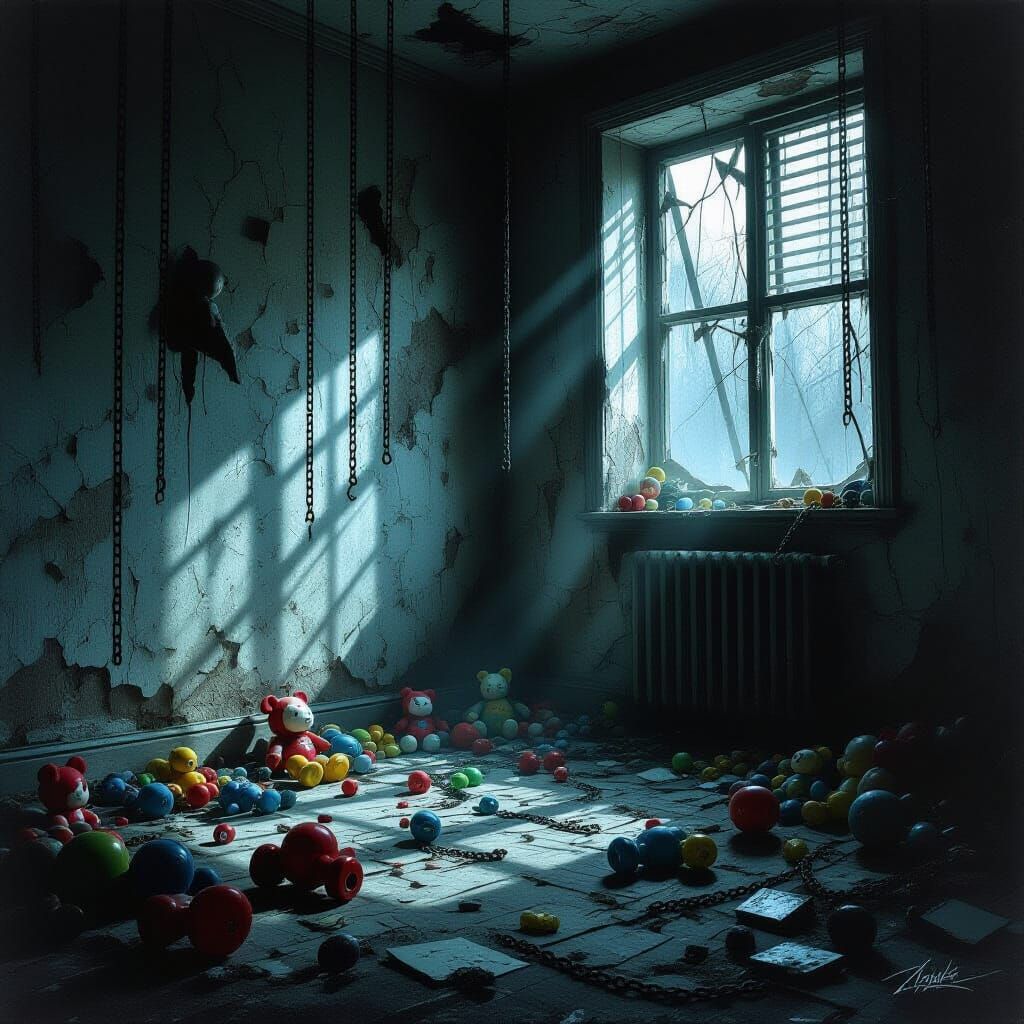 Eerie Abandoned Room With Broken Toys and Chains