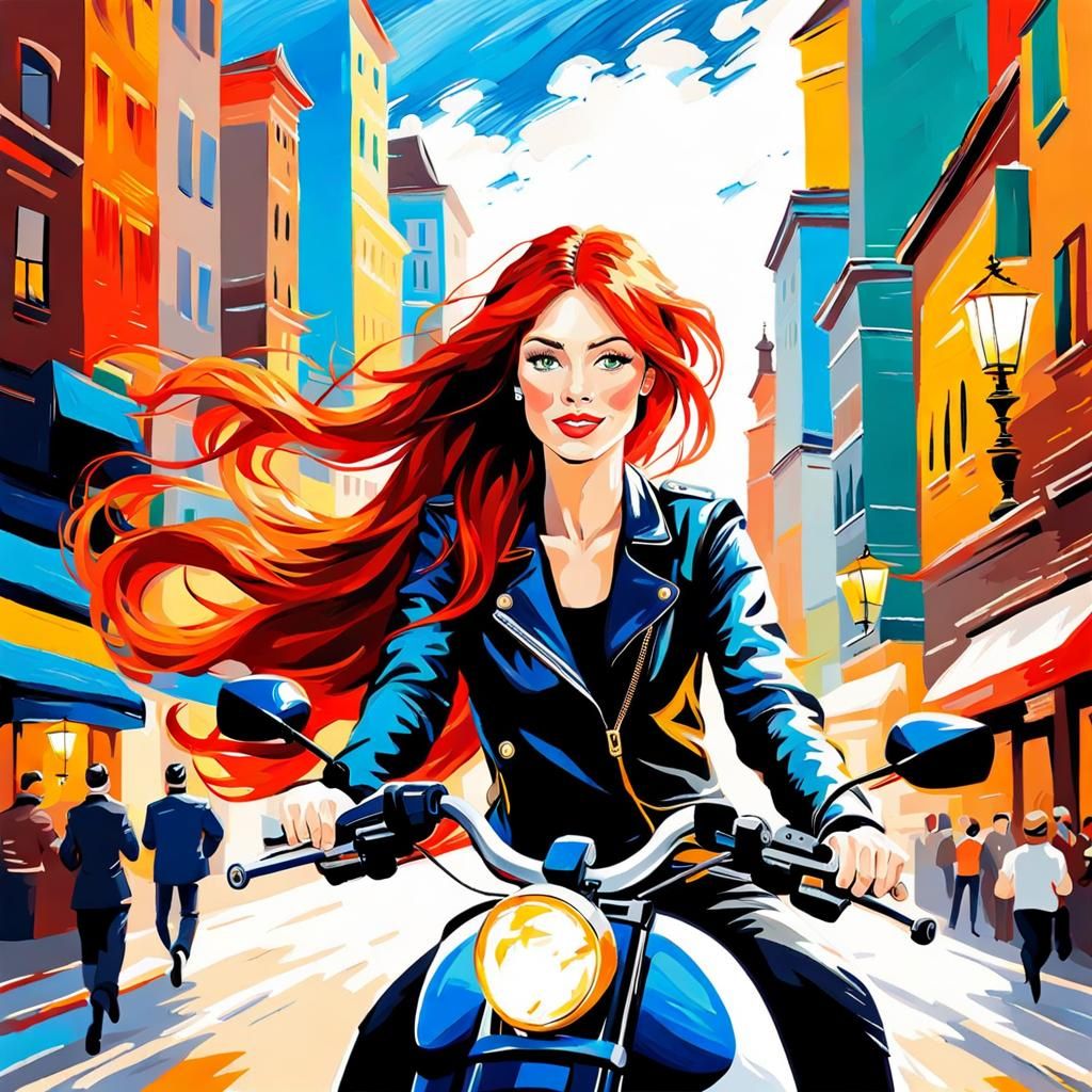 Redhead Girl on Motorcycle: Impasto Expressionist Painting