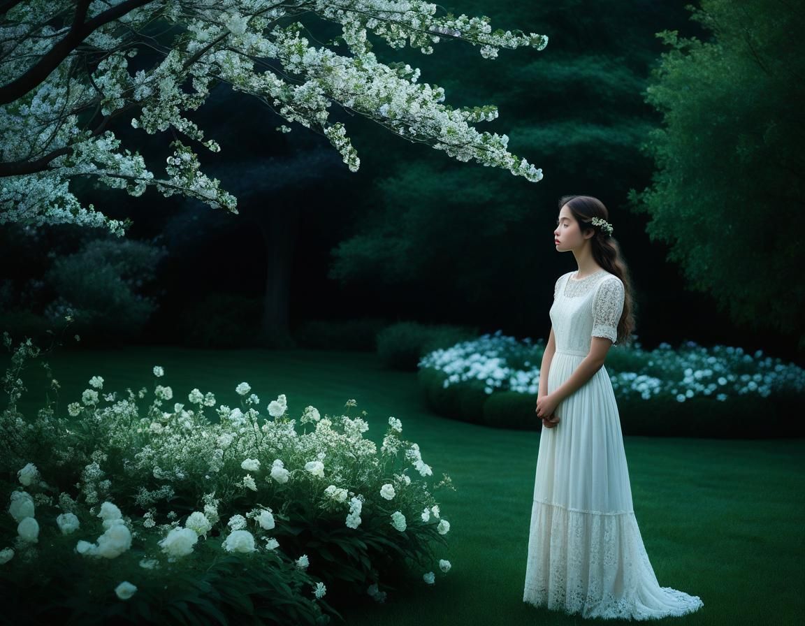 Melancholic Woman in Moonlit Garden: Dreamy Ethereal Landsca...