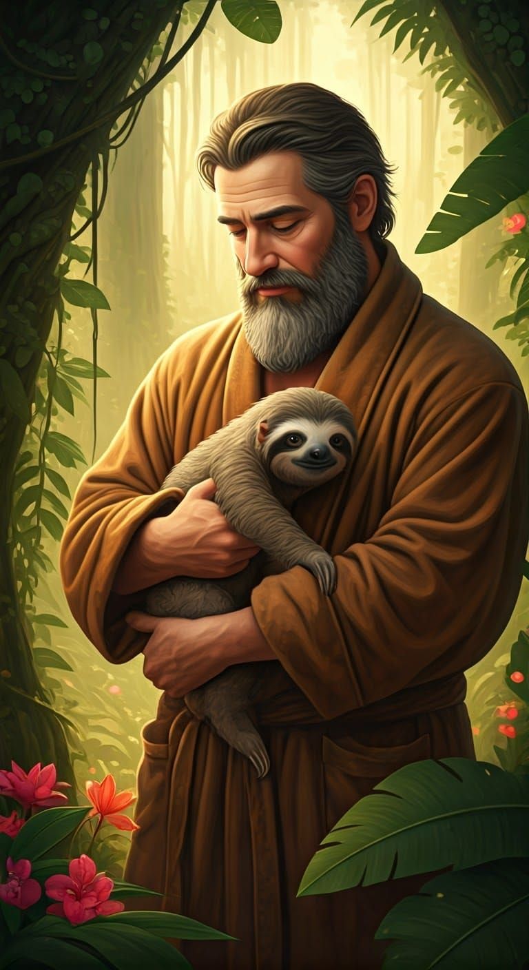 Serene Gentleman and Baby Sloth in Lush Rainforest