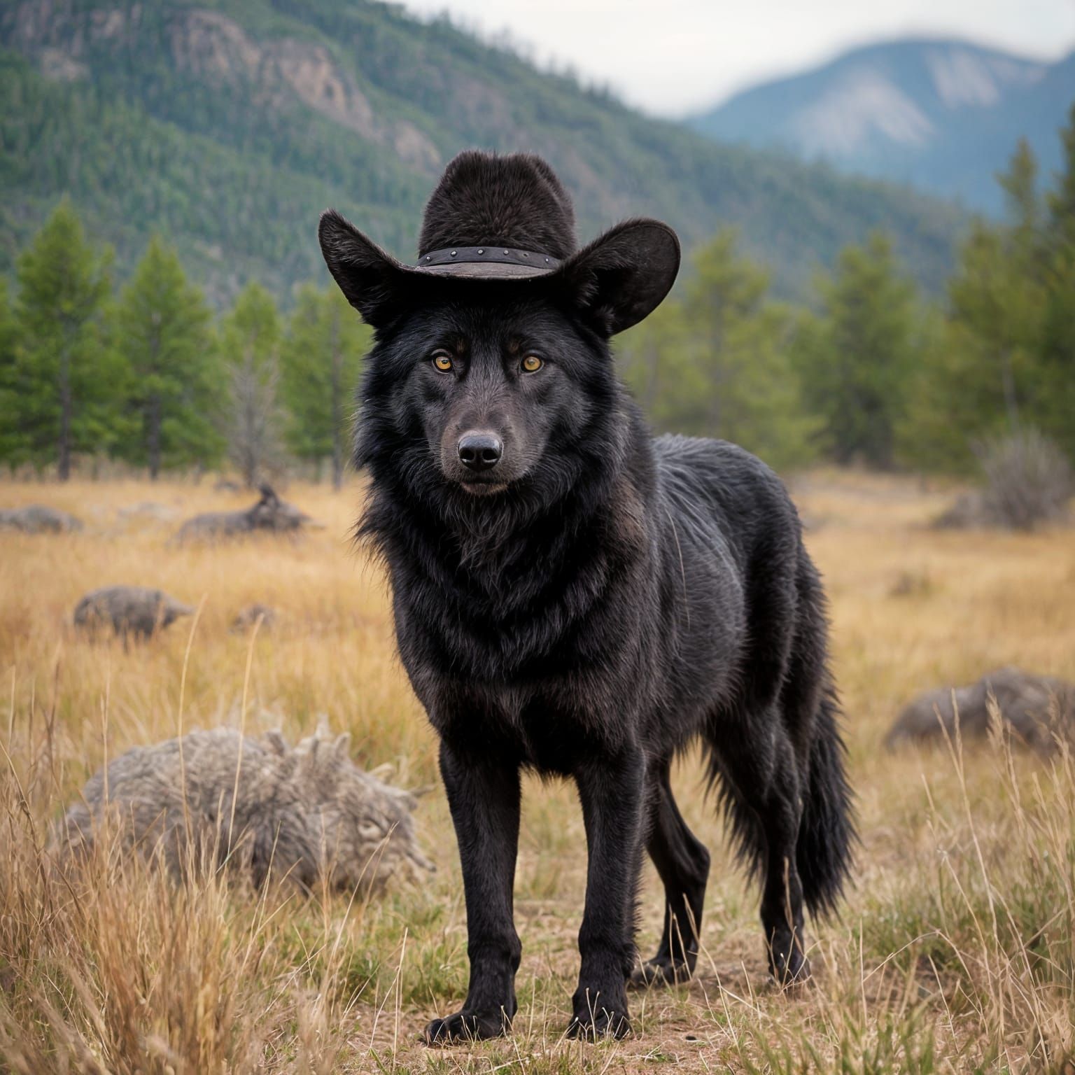 Majestic Black Wolf in Cowboy Hat in the Wild West