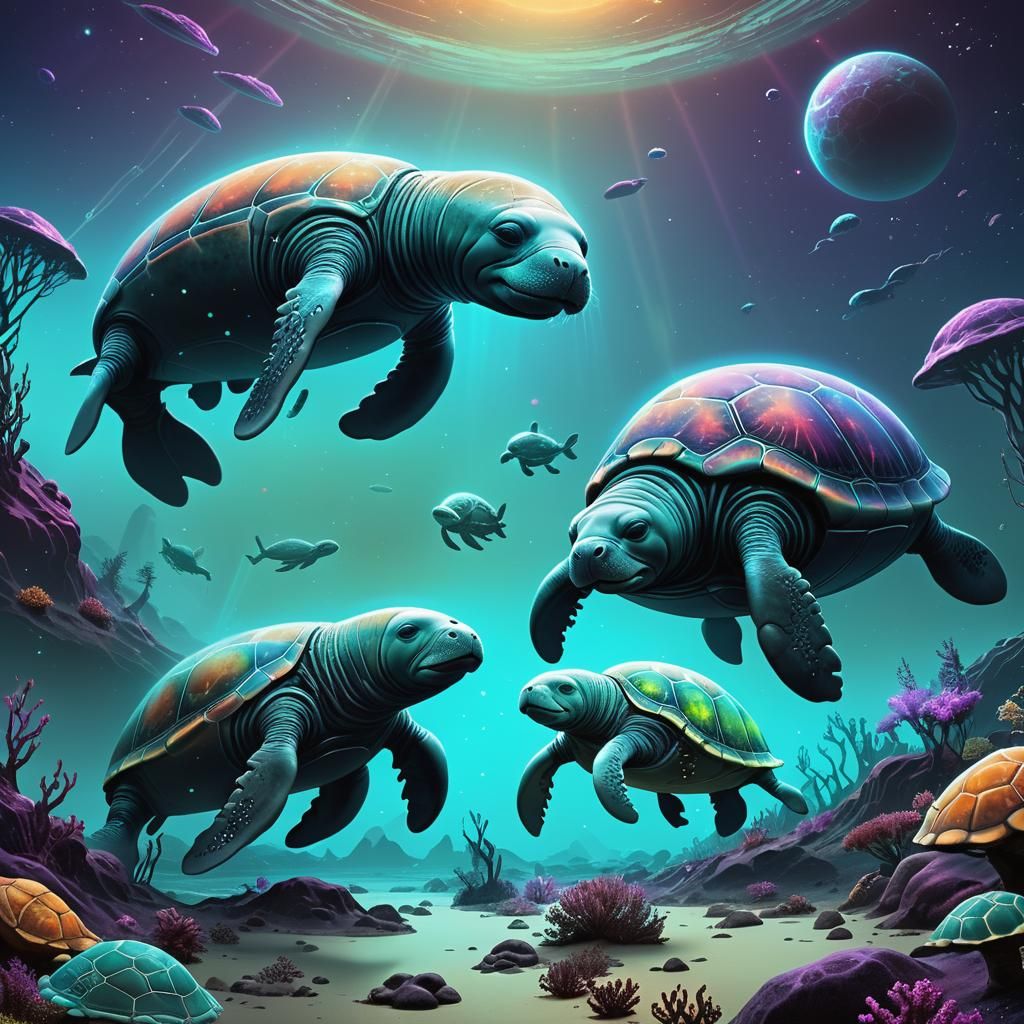 Manatee-Turtle Aliens on Exoplanet: Xenobiology Digital Art