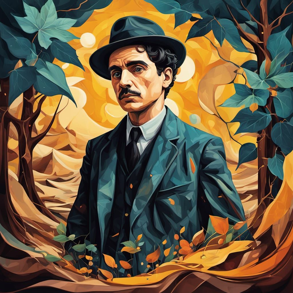 Surreal Chaplin Portrait Dissolving into Leaves