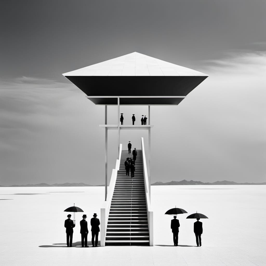Surrealist Grey Cubic Building on Salt Flat