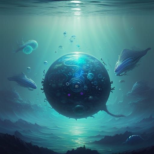 Iridescent Bubble Tardigrade in Surreal Underwater City