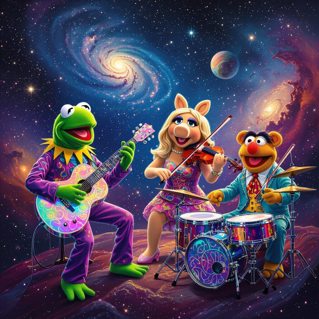 A celestial Muppet orchestra performing a symphony among the stars, each Muppet playing a unique cosmic instrument, nebu...
