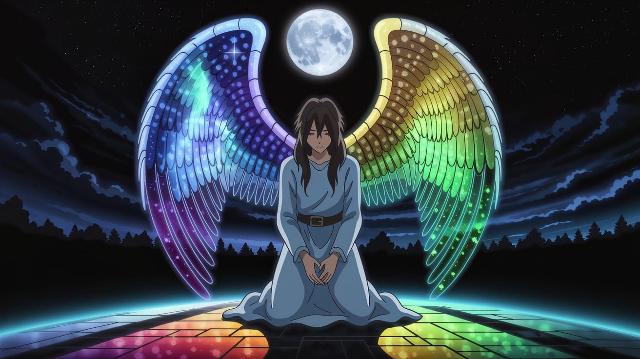 Fantasy Angel Kneeling Under Starry Sky, Glass Wings