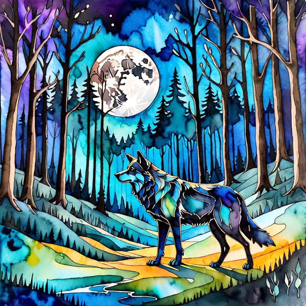Sylvan Wolf in Night Glade Alcohol Ink Illustration