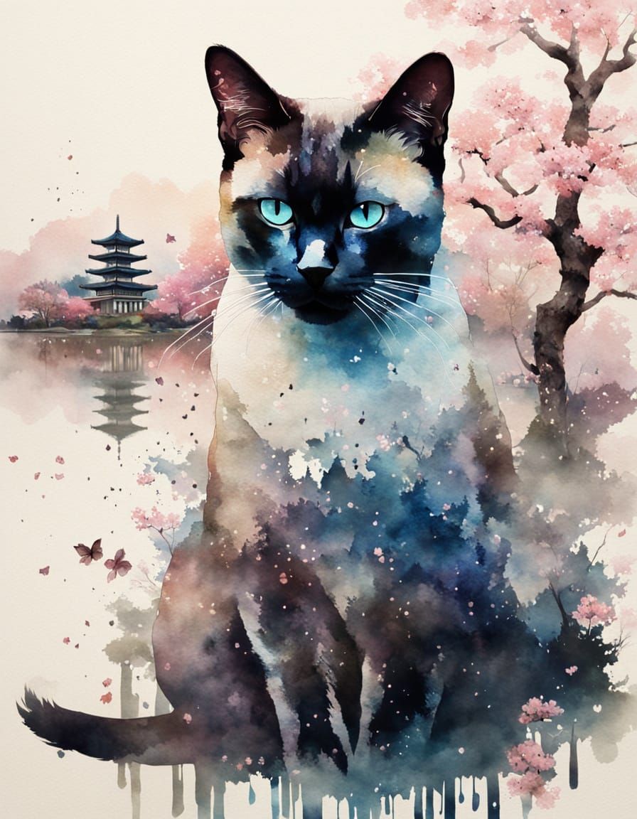 Siamese Cat Double Exposure: Japanese Landscape Watercolor
