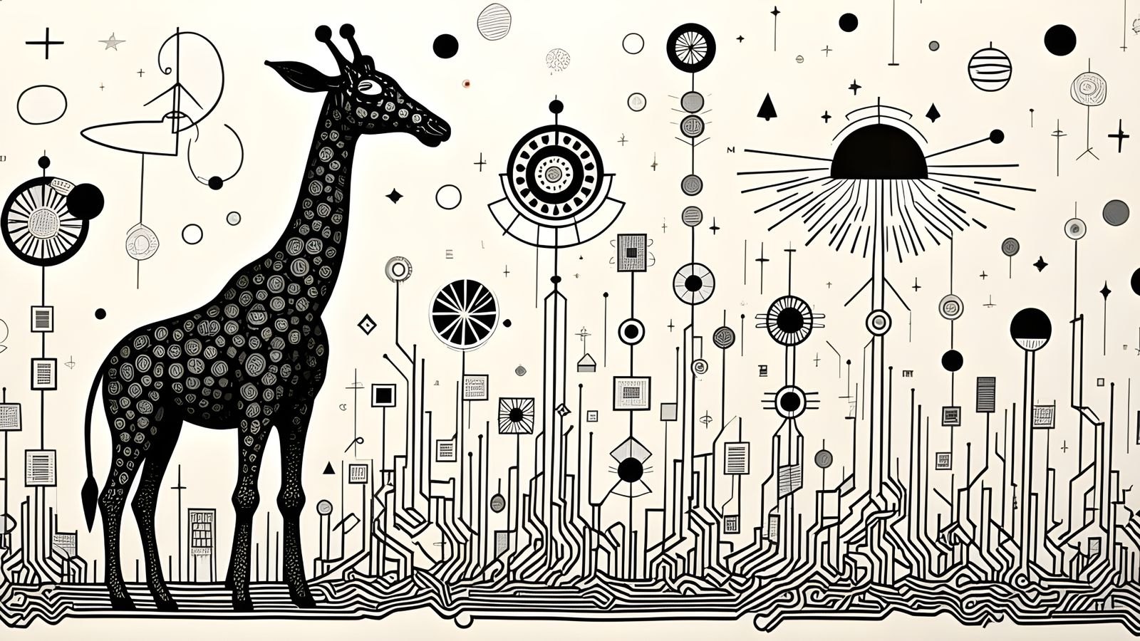 Giraffe Amidst Circuitry and Cosmic Glyphs