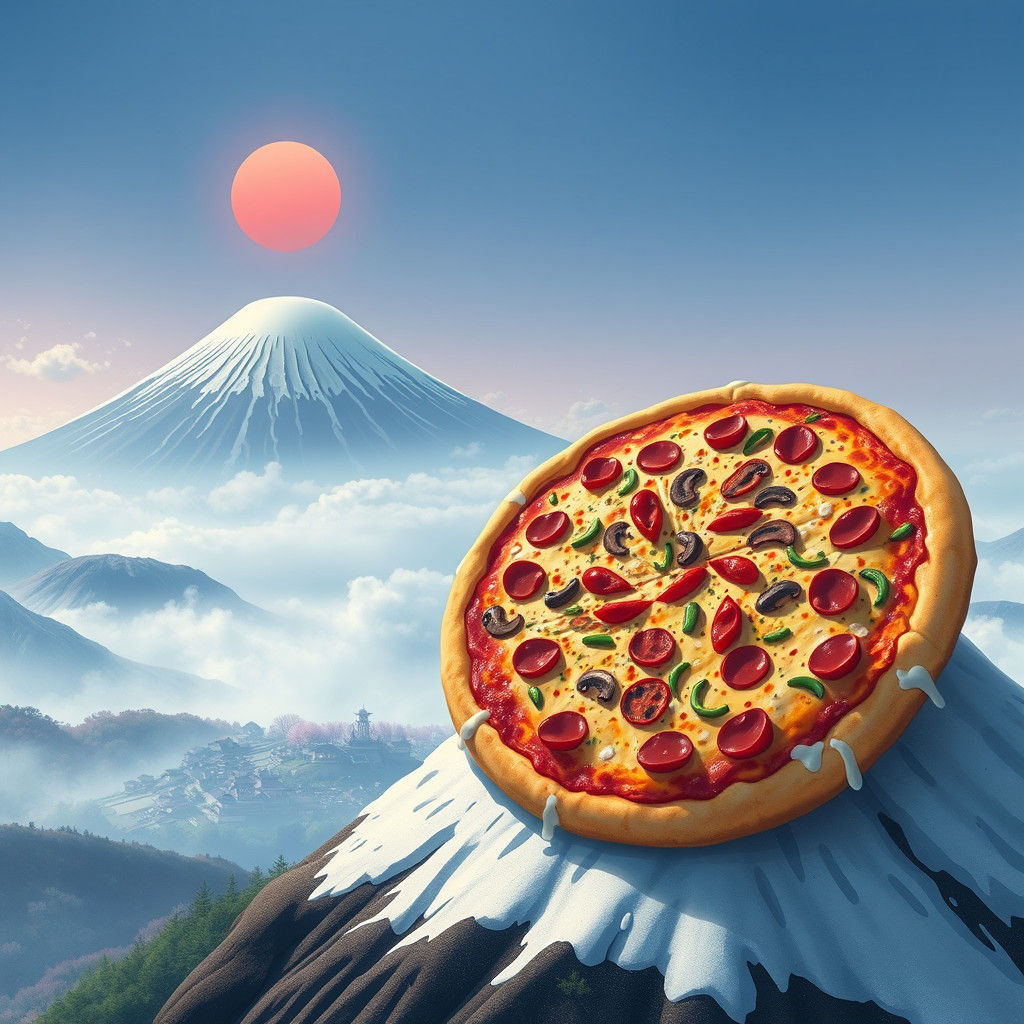 Gigantic Pizza Atop Mount Fuji in Whimsical Style