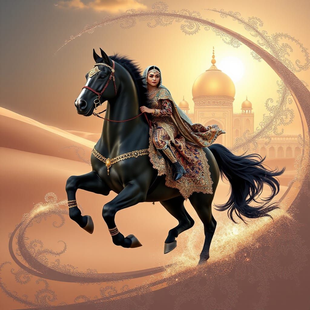 Regal Arabian Princess Rides into Desert Oasis with Majestic...