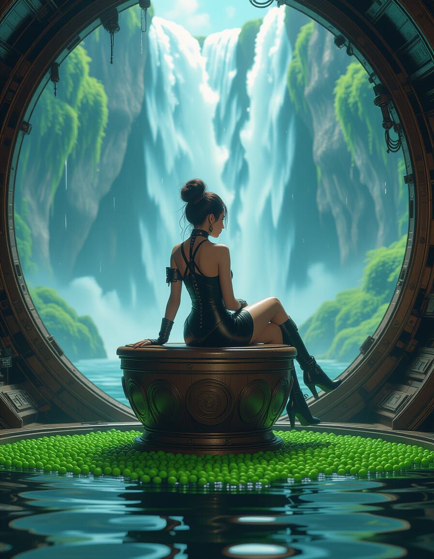 Steampunk Woman with Waterfall in Futuristic Interior