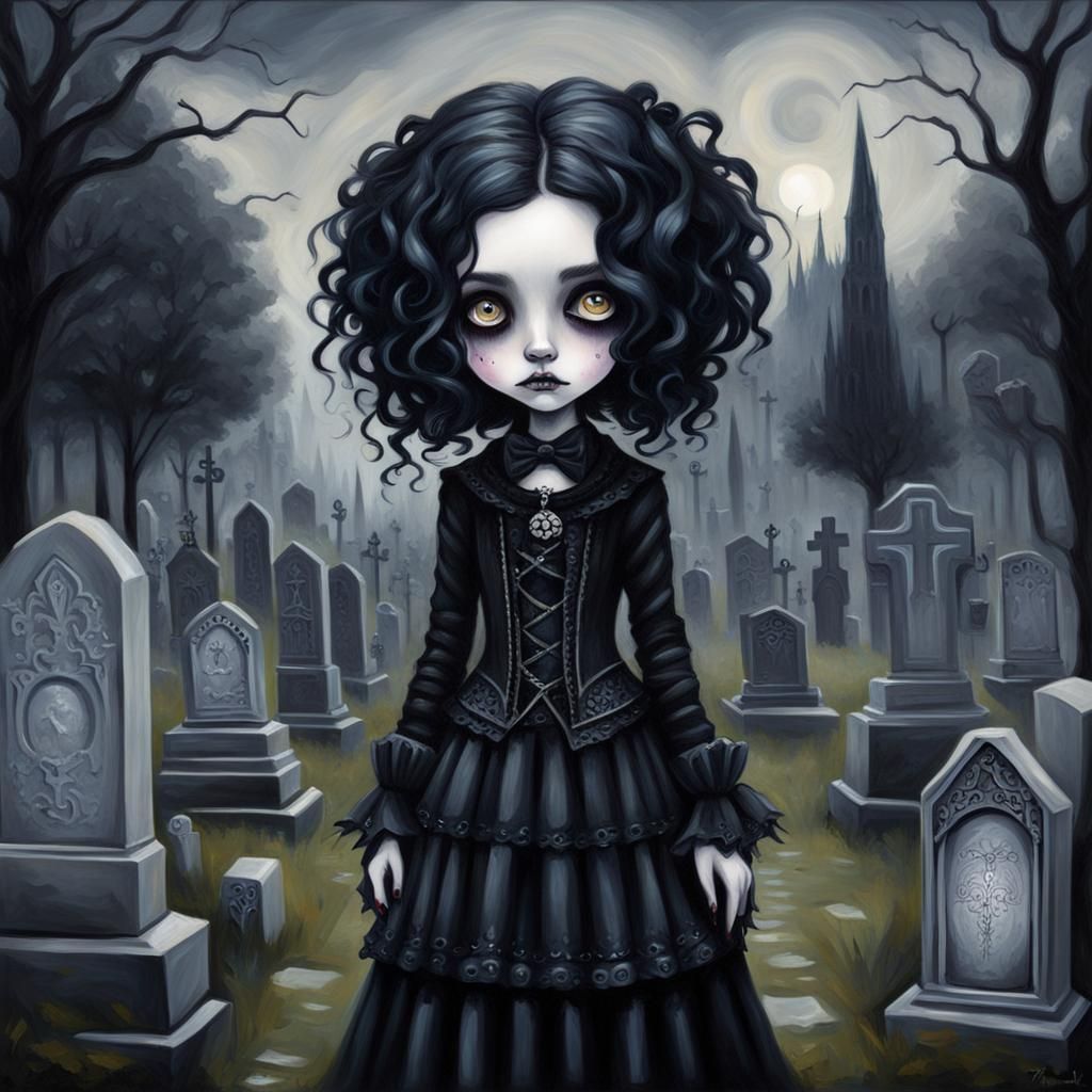 Gothic Teenager in Cemetery: Baroque Oil Painting