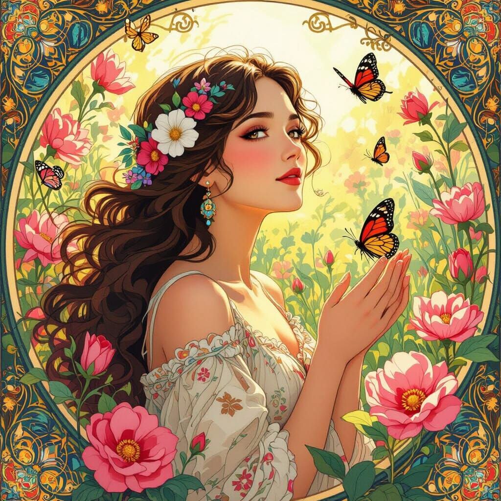 Radiant Woman Surrounded by Blossoms in Art Nouveau Style