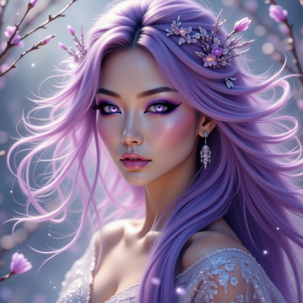 Ethereal Woman with Lavender Hair and Silver Gown