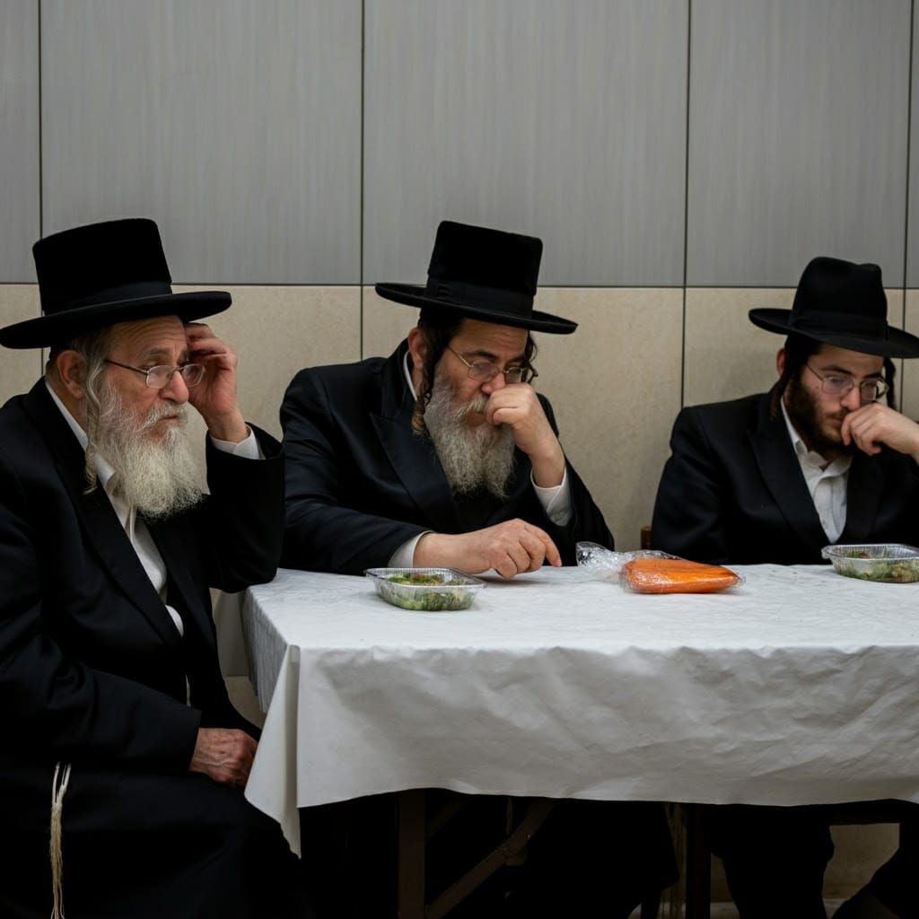 Haredi Men in Serious Discussion Over a Tablecloth