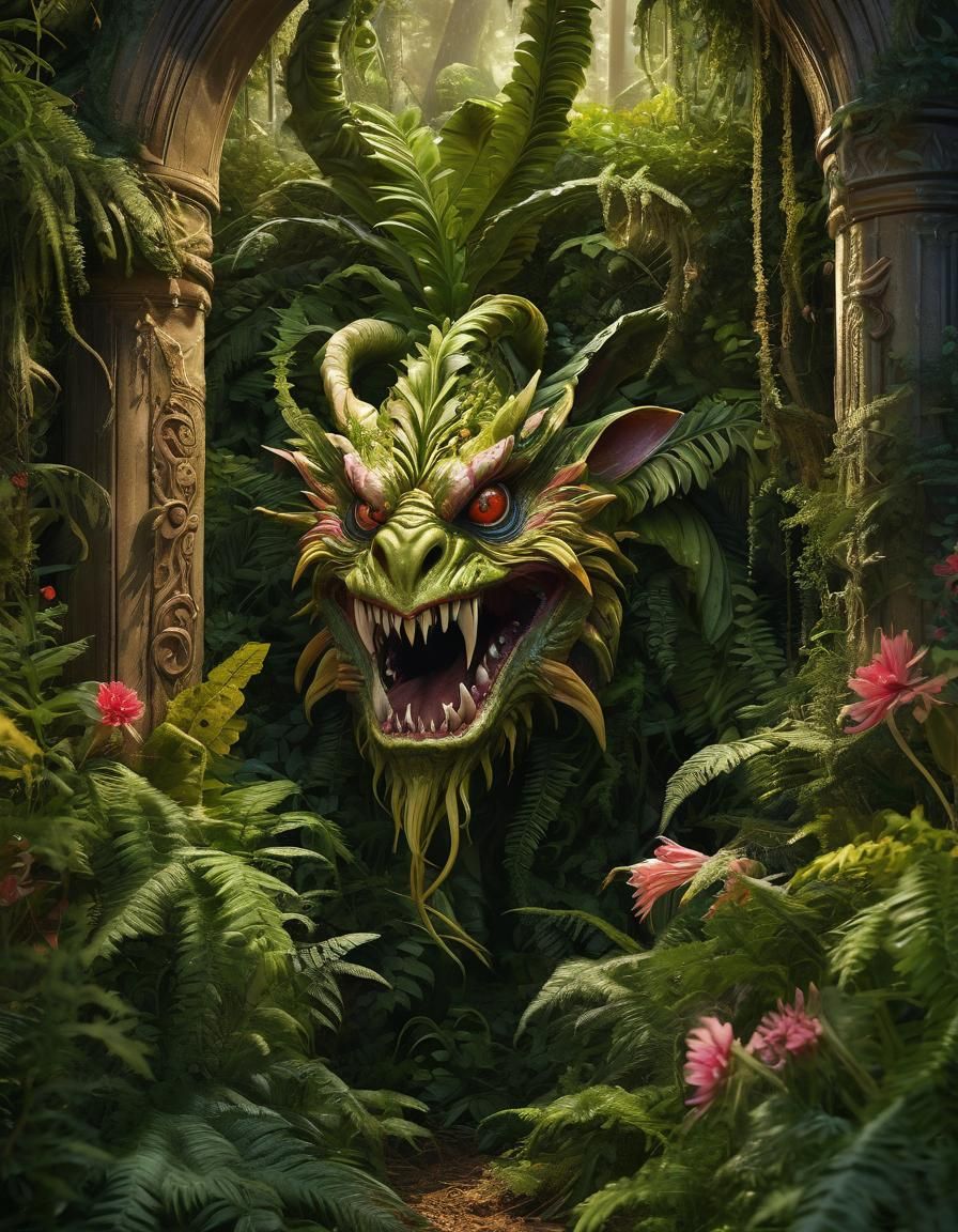 Hyperrealistic concept art. Mid shot. A whimsical fantasy monster peers out from behind a curtain of tall, swirling fern...
