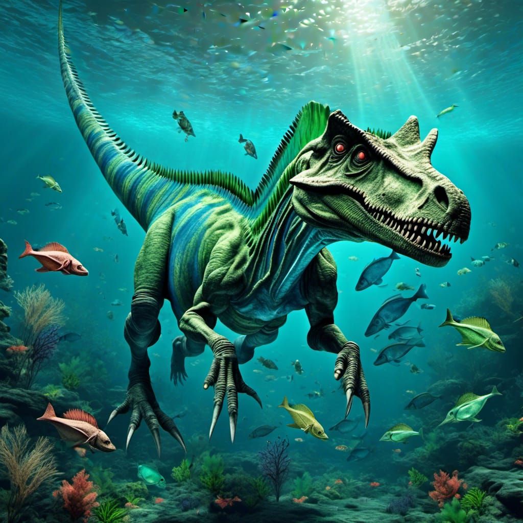 Realistic Underwater Spinosaurus with Fish