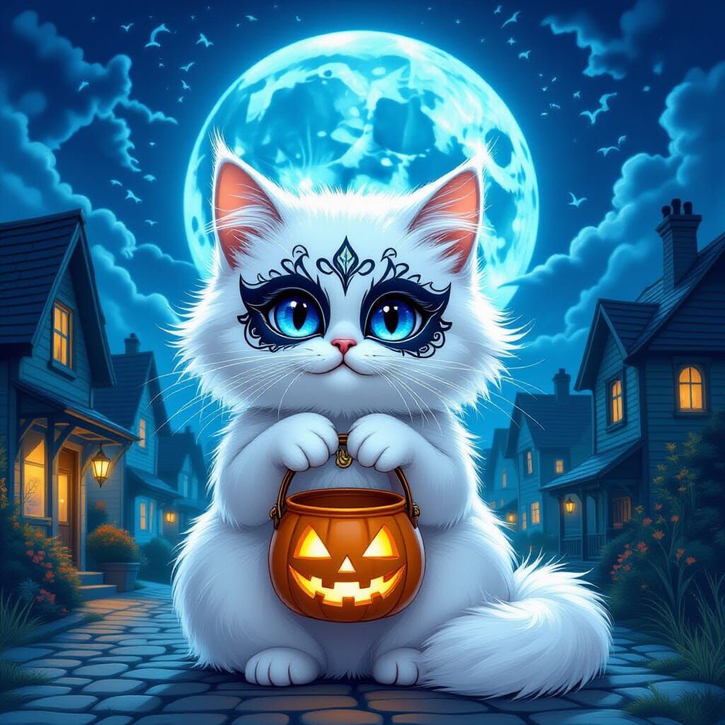 Fluffy Cat in Skull Mask with Blue Moon