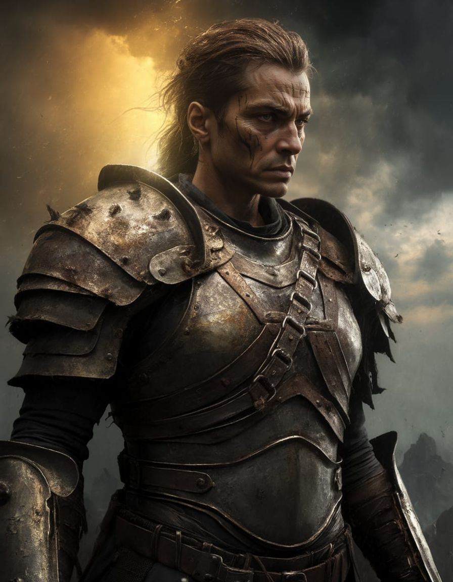 Weathered Warrior Stands Tall in a Stormy Dark Fantasy Lands...