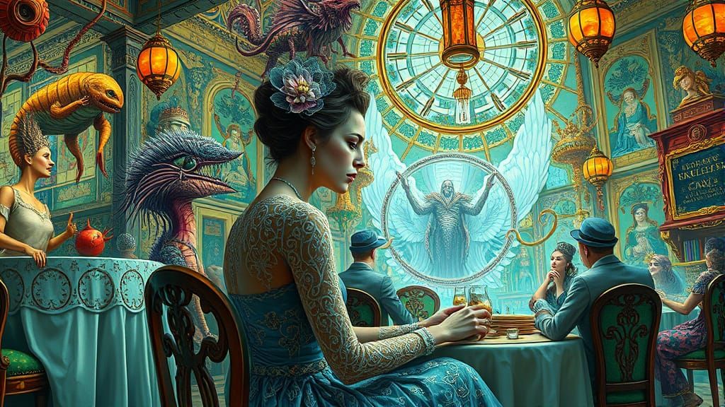 Surreal Cafe Scene with Woman in Lace Attire