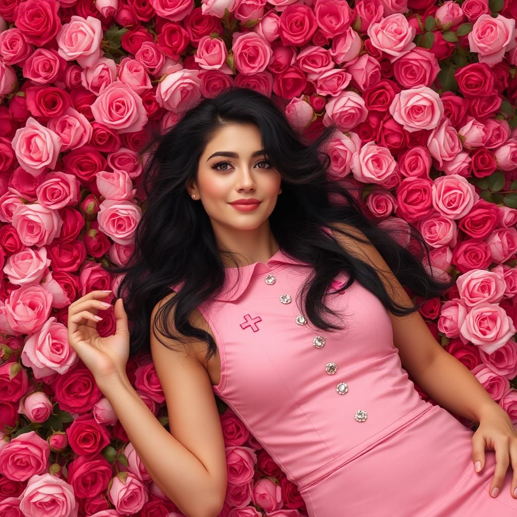 Woman in Pink Dress on Bed of Roses