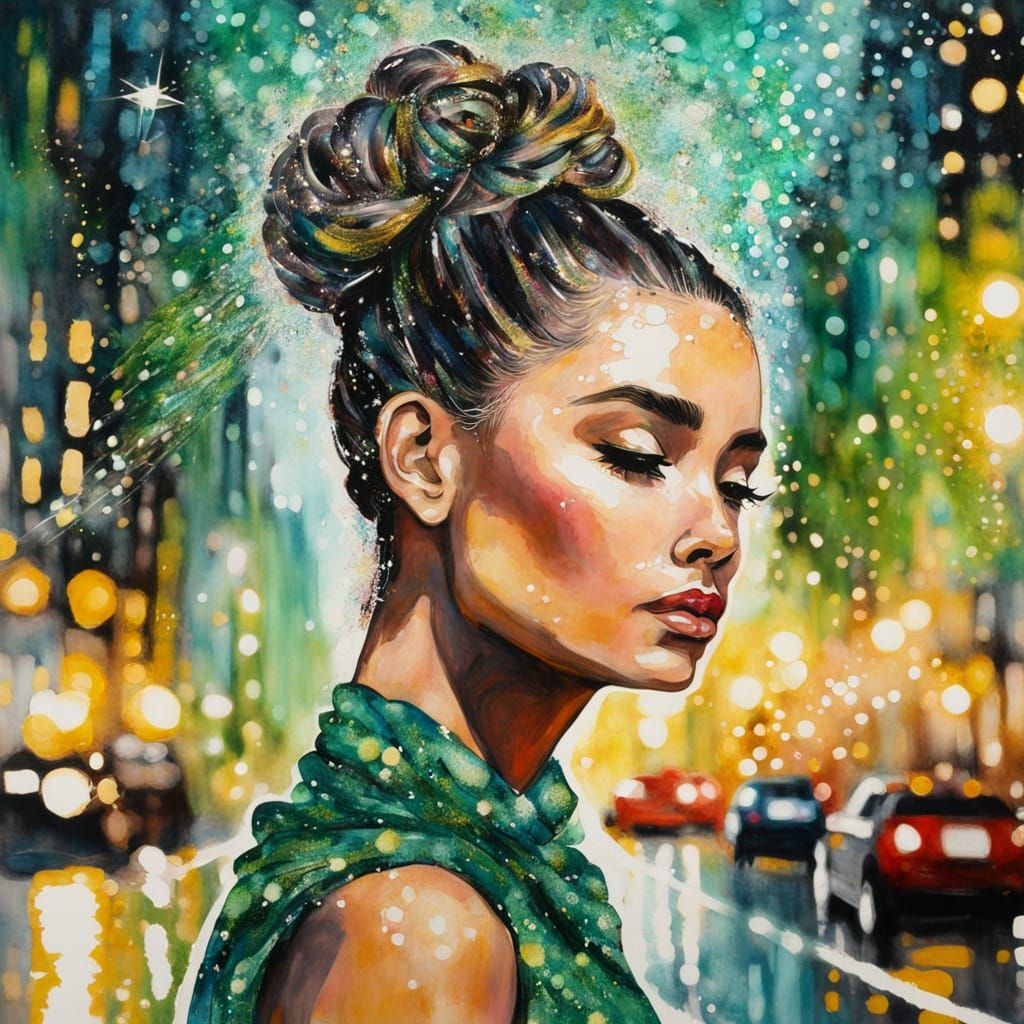 Woman in Green: Mixed Media Watercolor Cityscape