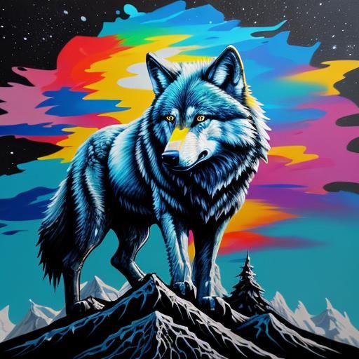 Majestic Wolf in Space Graffiti Art