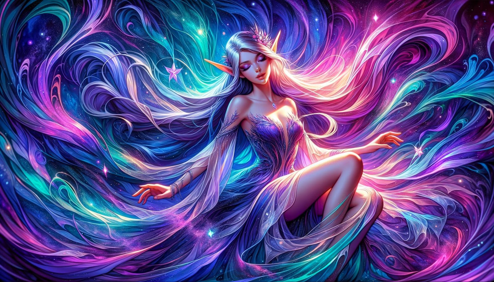 Elven Queen on Cosmic Stream in Anime Style