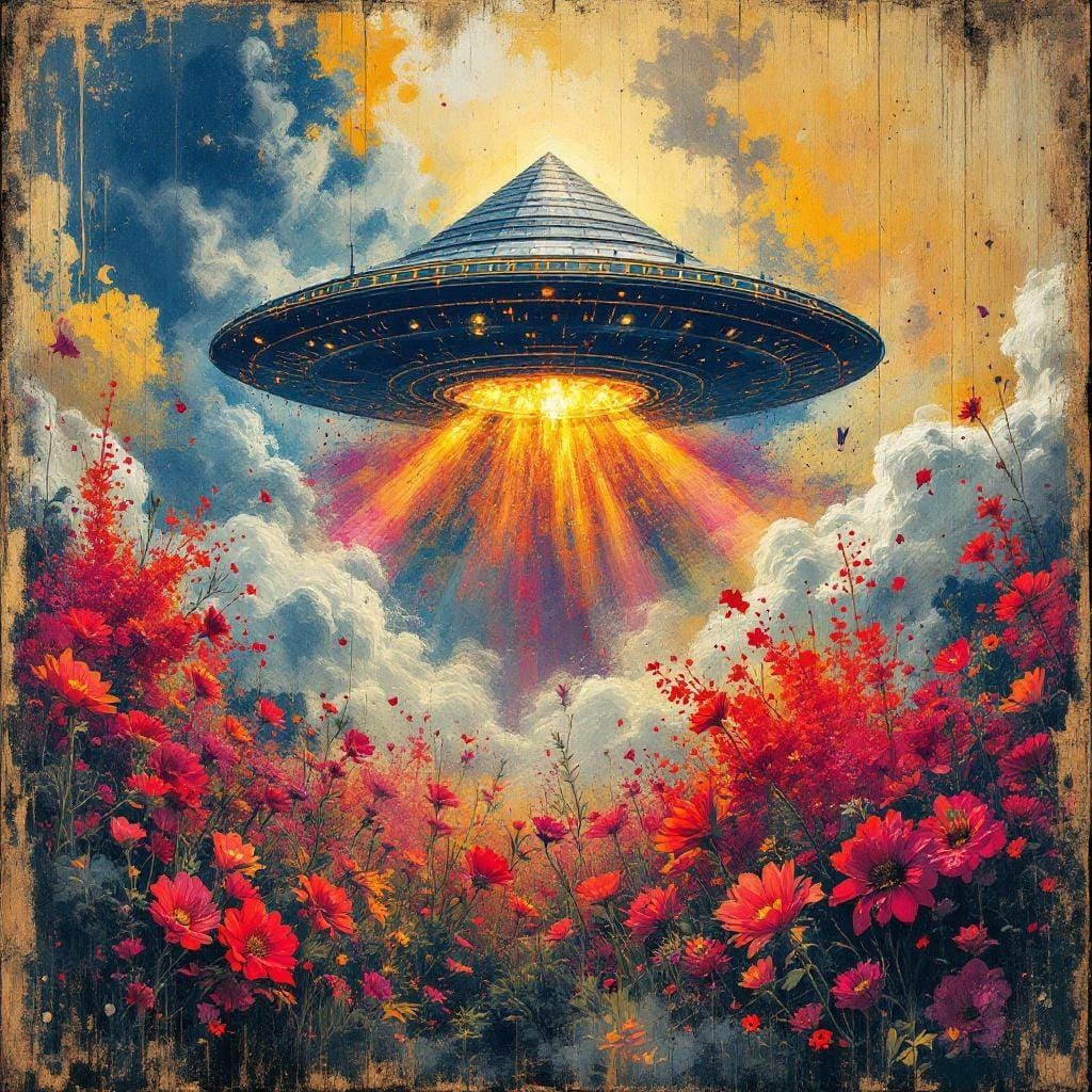 Graffiti Pyramid UFO Amidst Exploding Wildflowers