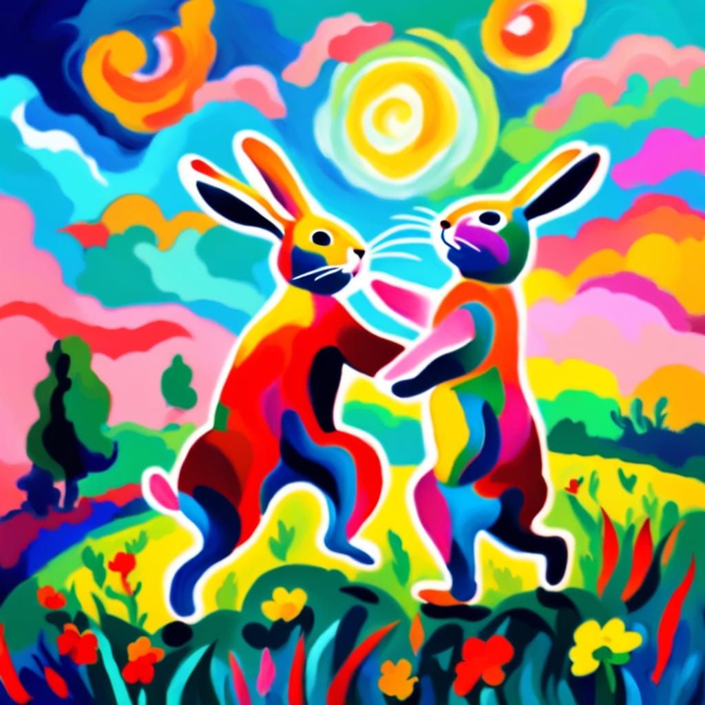 Rabbit Dances Under Sky in Fauvist Impressionist Style