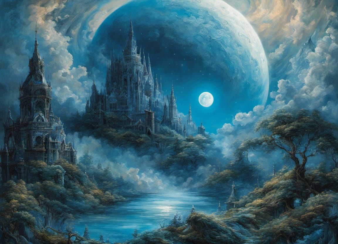 Surreal Blue Moon Floating in Magic Mist