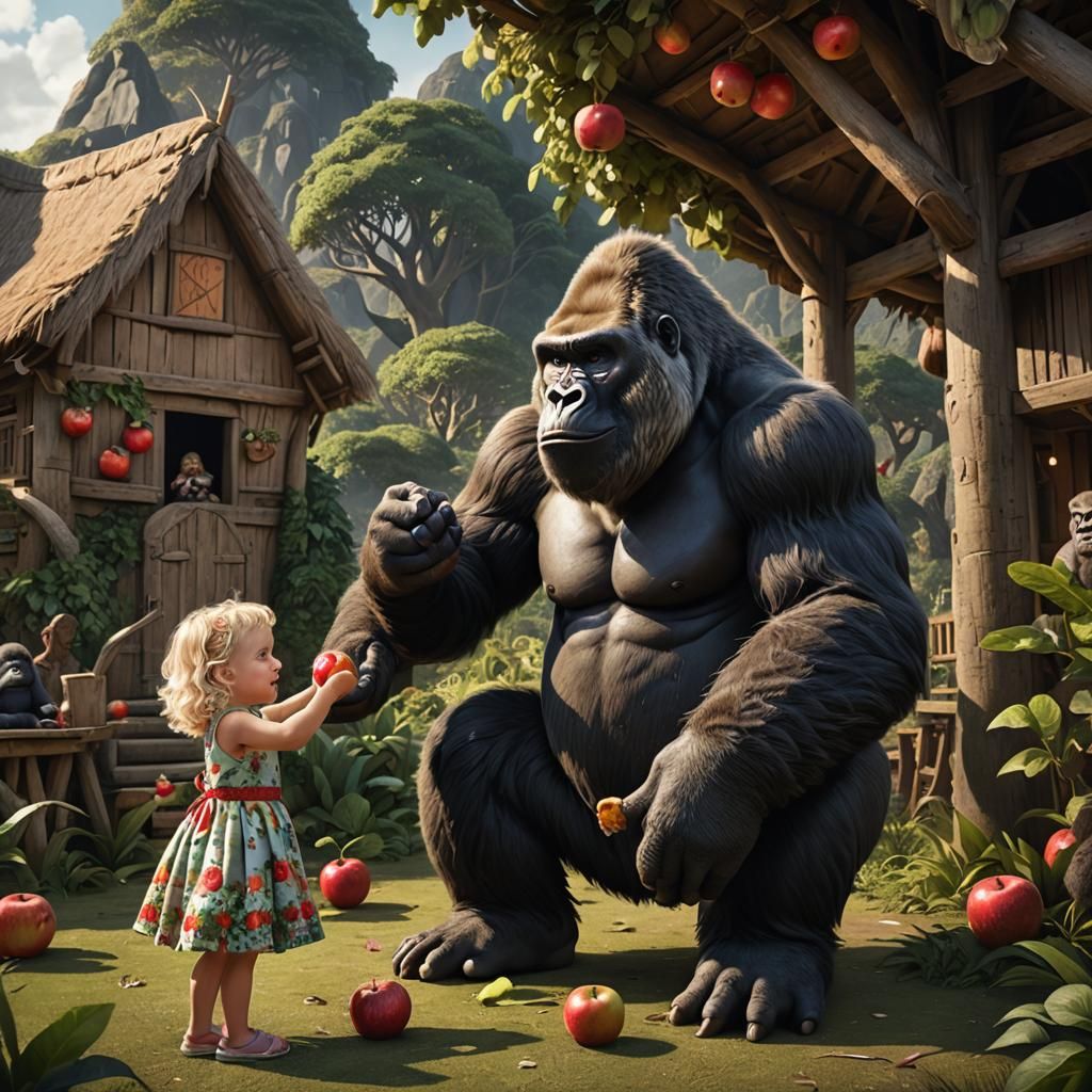 Girl Feeds Gorilla: Detailed Matte Painting