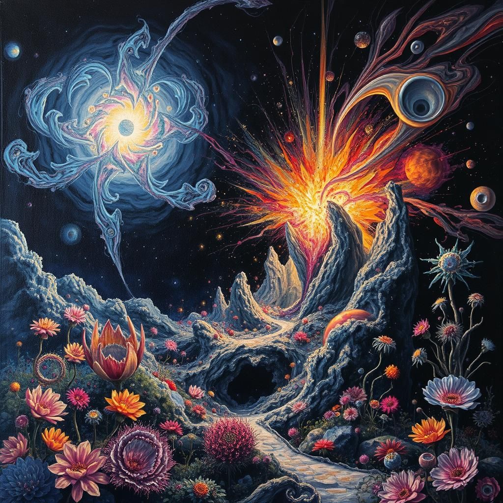 Holographic Explosion in Surreal Alien Landscape