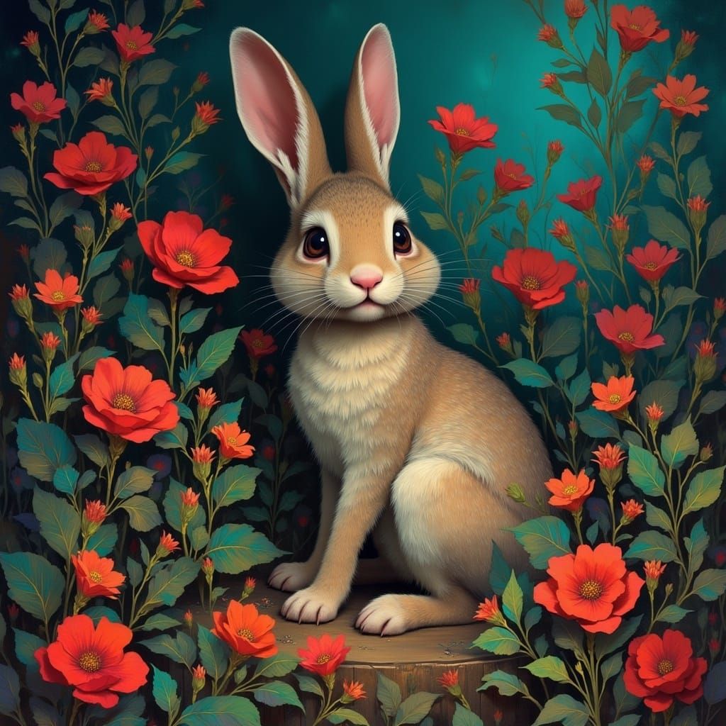 Bunny in Garden at Dusk with Red and Teal Lighting