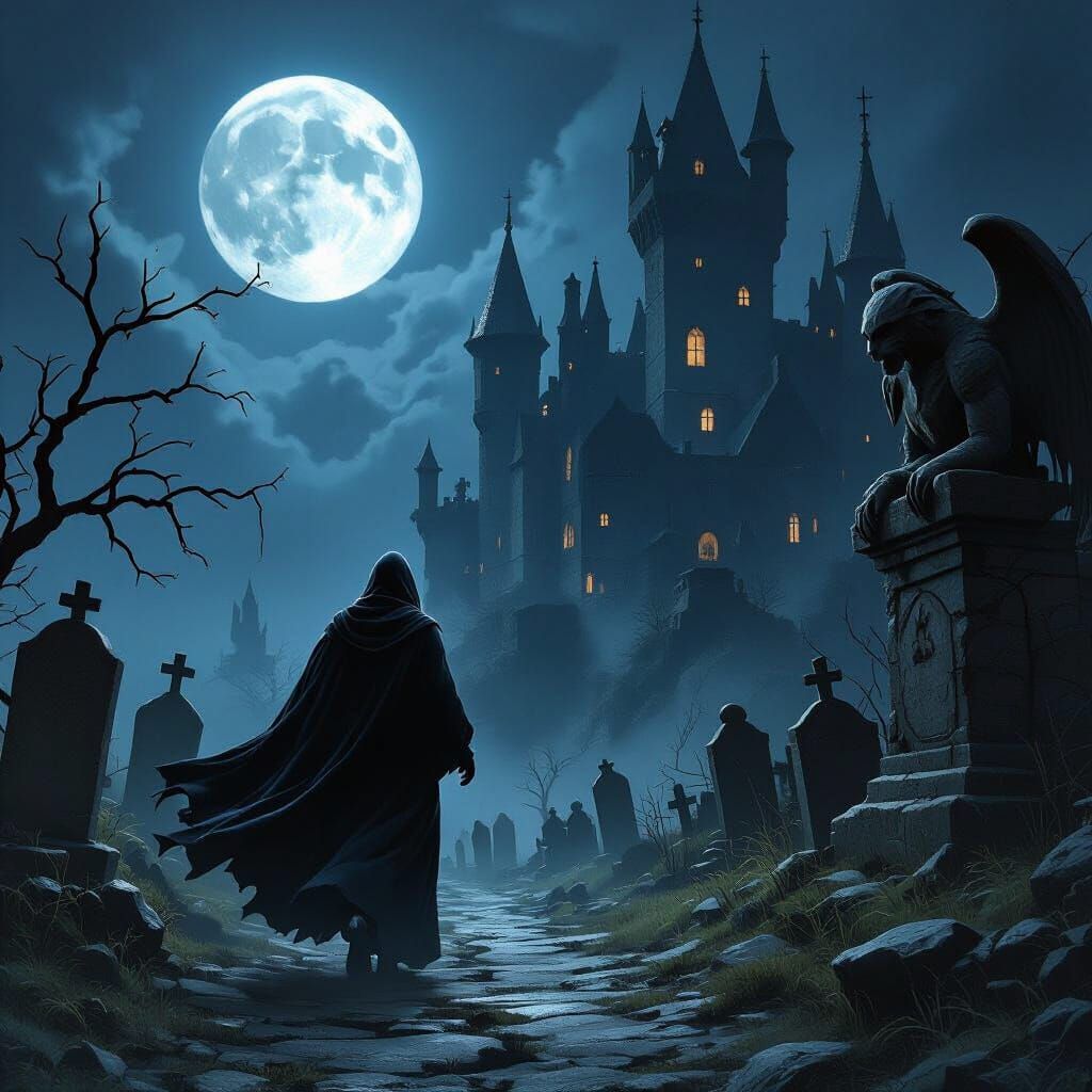 Gothic Gargoyle Overlooks Midnight Castle Escape