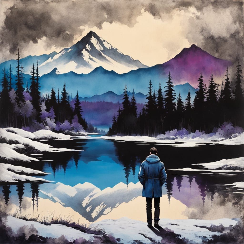 Young Man in Snowy Forest at Sunset