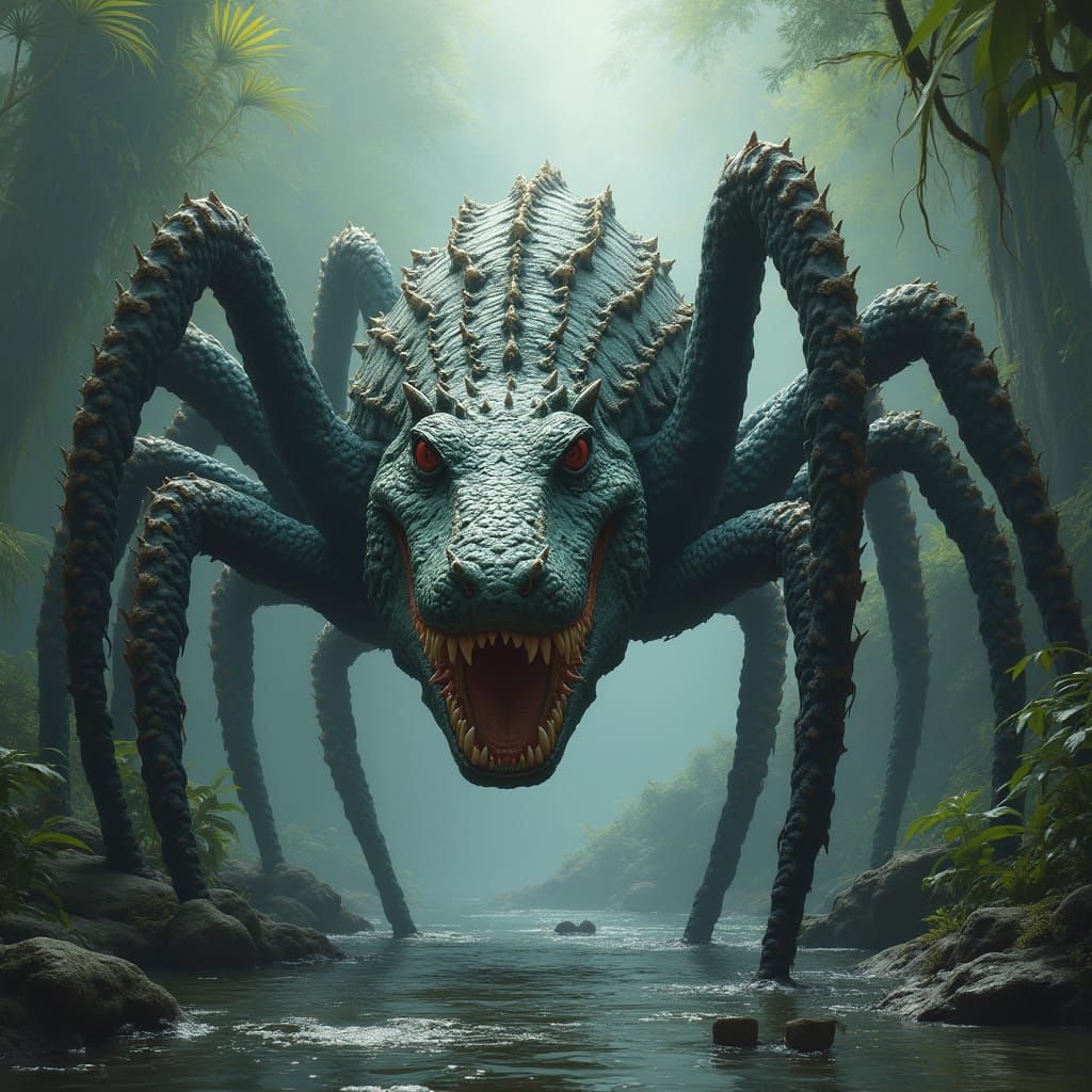 Armored Crocodile-Arachnid Hybrid in Rainforest