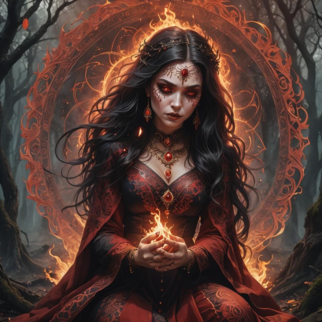 Powerful Witch in Fiery Circle: Cinematic Still