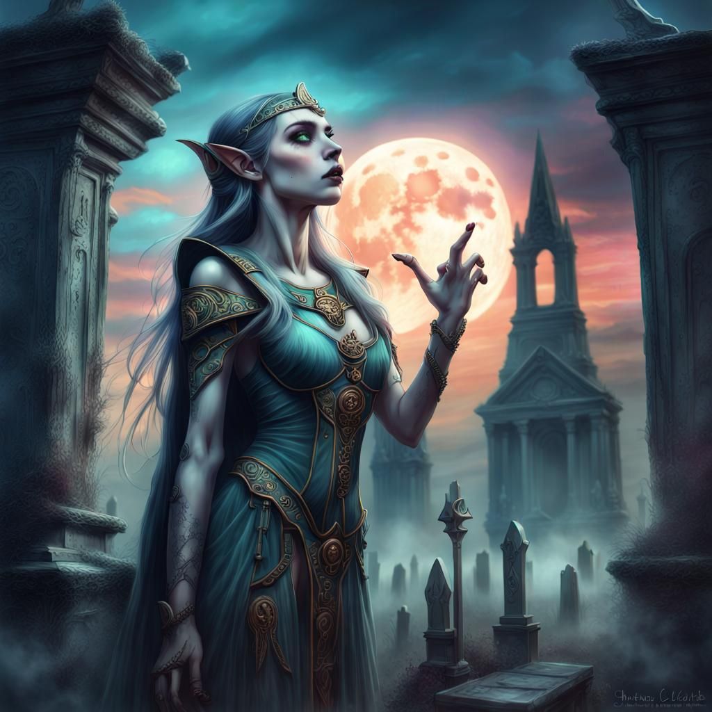 Ethereal Elf in Twilight Kissing Death, Digital Art
