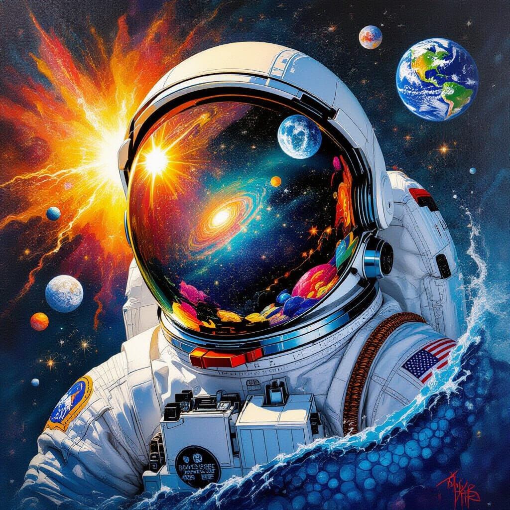 Astronaut Reflecting Solar Flare in Space Art