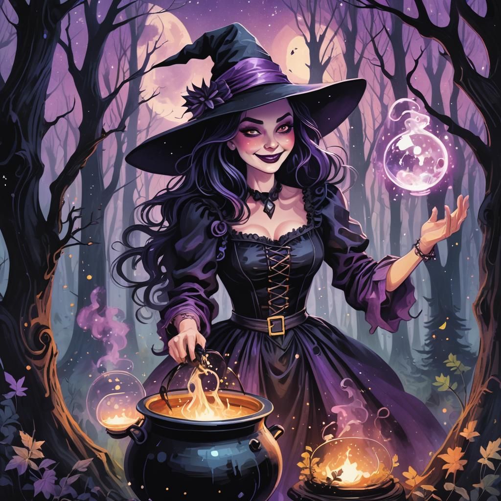 Whimsical Gothic Witch Mixing Potion in Forest
